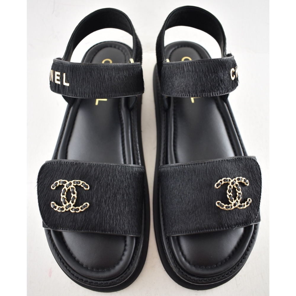 Chanel 24B Black Calf Hair Gold CC Logo Mule Slide Strap Flat Teva Dad Sandal 41 - Picture 7 of 16